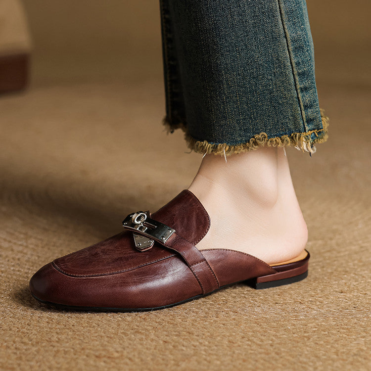 Round Toe Buckle Backless Loafer Mules