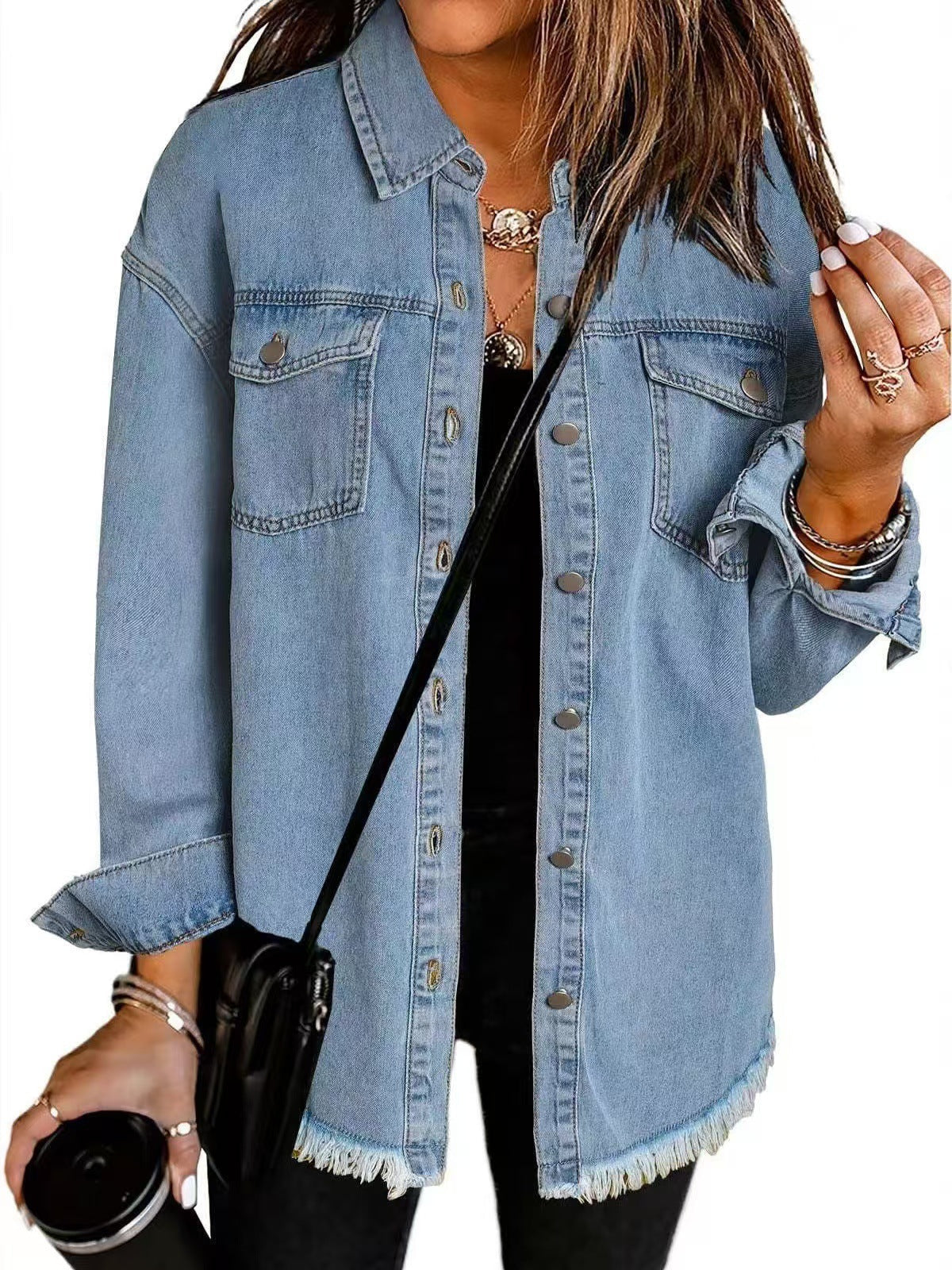 Button Front Frayed Hem Longline Denim Jacket