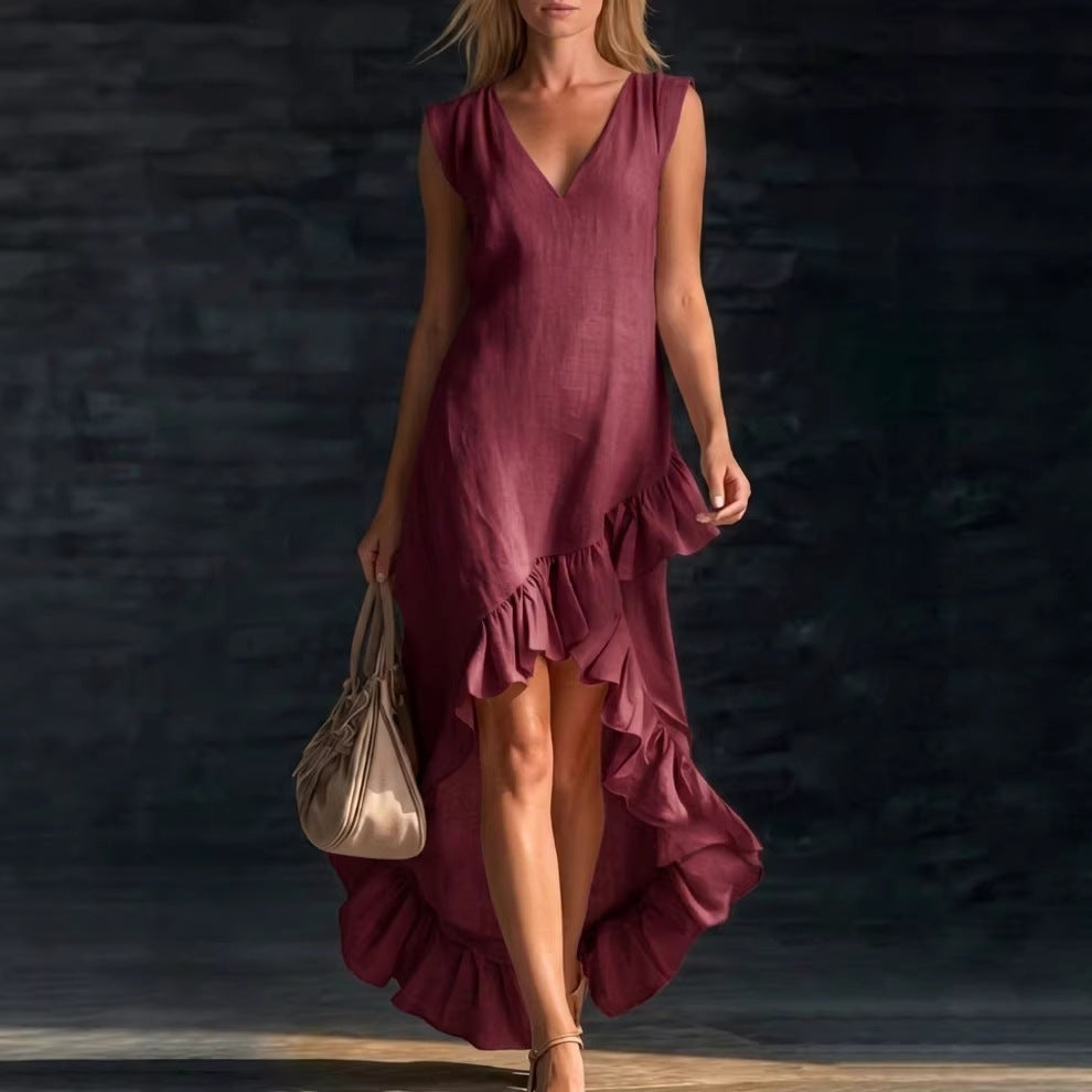V-Neck Sleeveless Ruffle High Low Maxi Dress 4