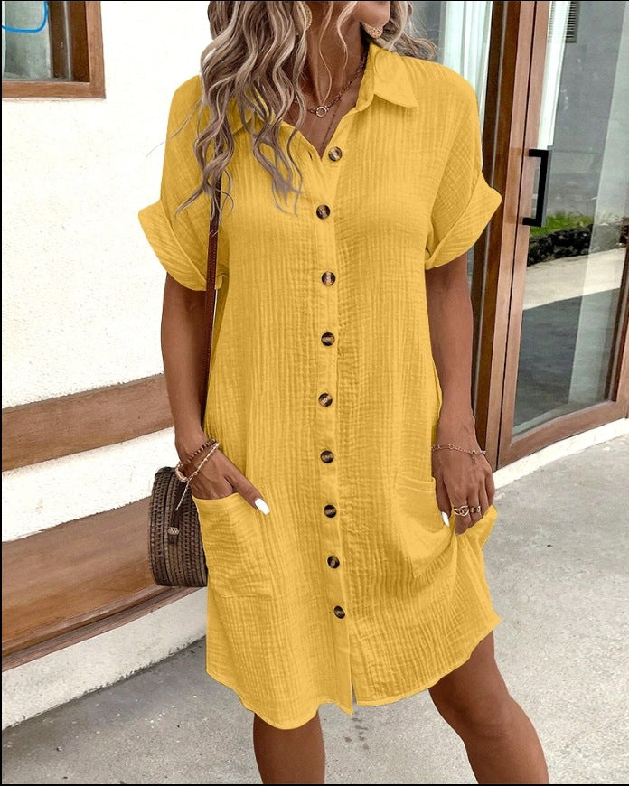 Crinkle Button Front Short Sleeve Pocket Shirt Dress