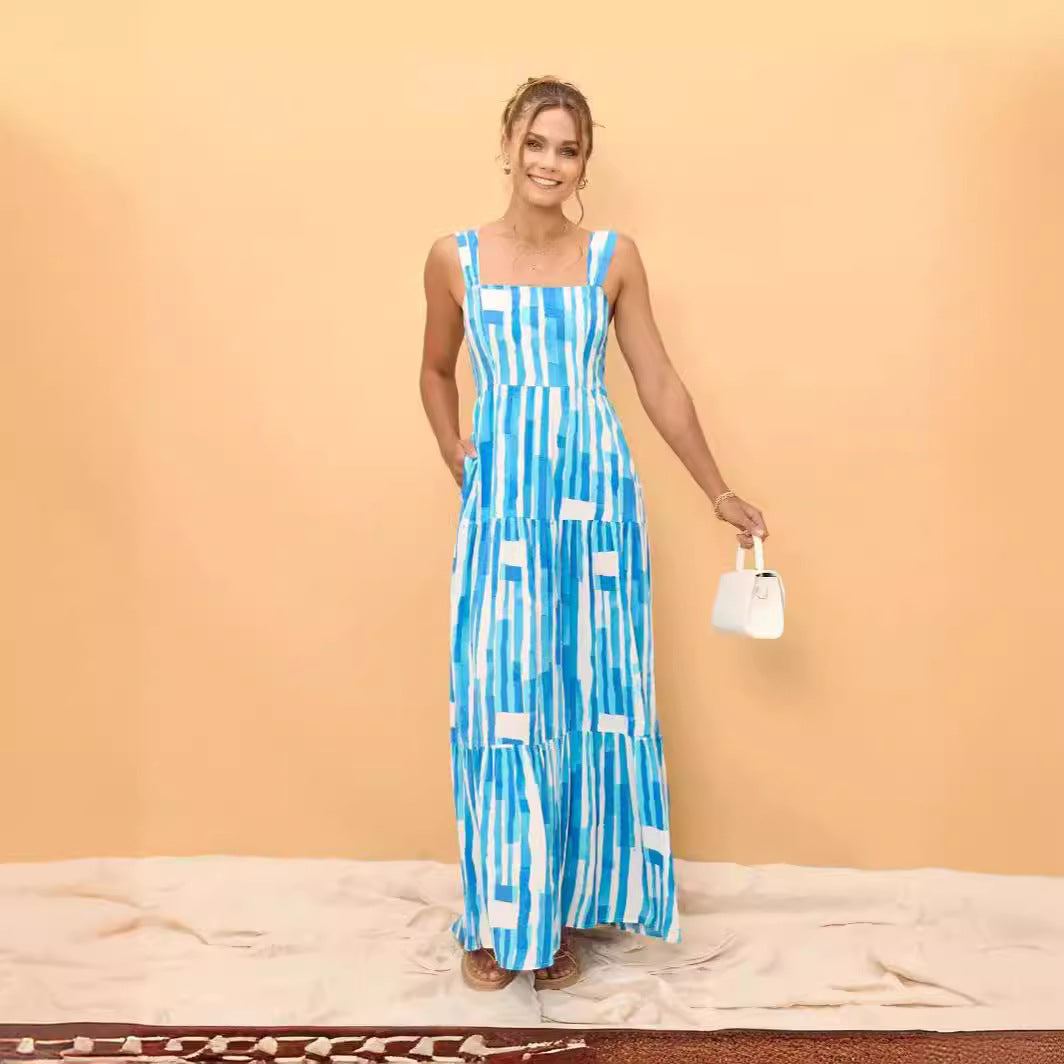 Striped Print Square Neck Wide Strap Tiered Pocket Maxi Dress
