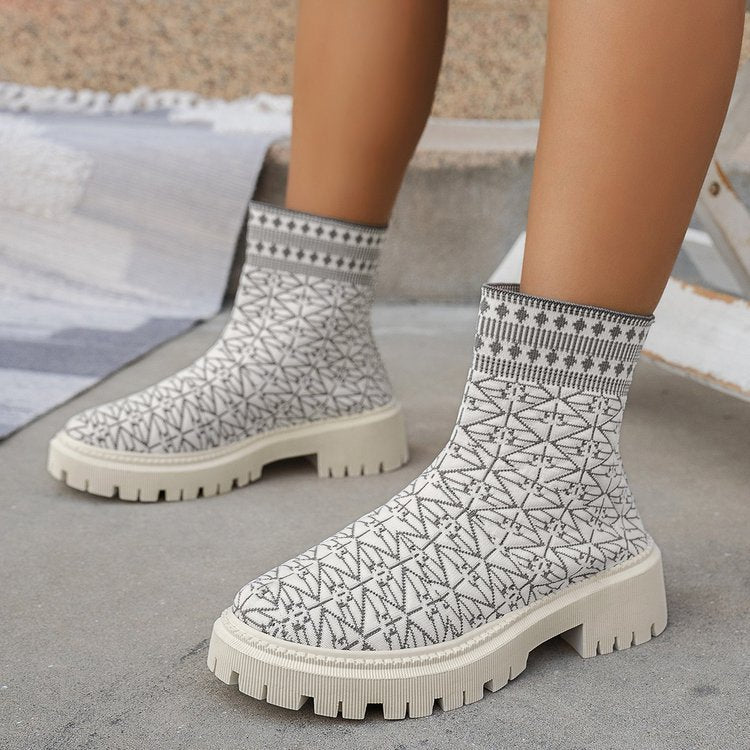 Geometric pattern flyknit stretch high-top chimney boots