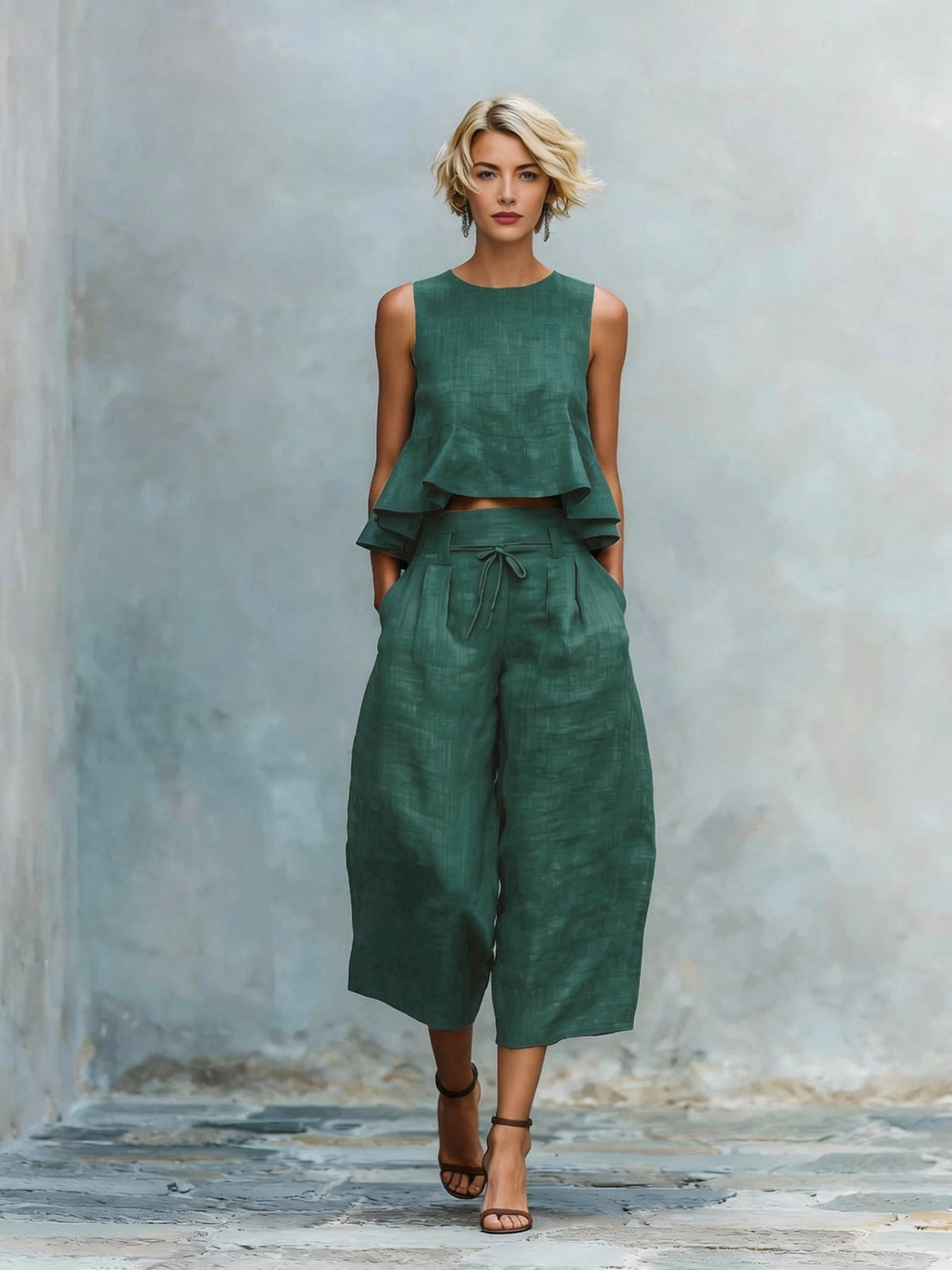 Sleeveless Ruffle Hem Top and Wide Leg Cropped Pants Two Piece Set