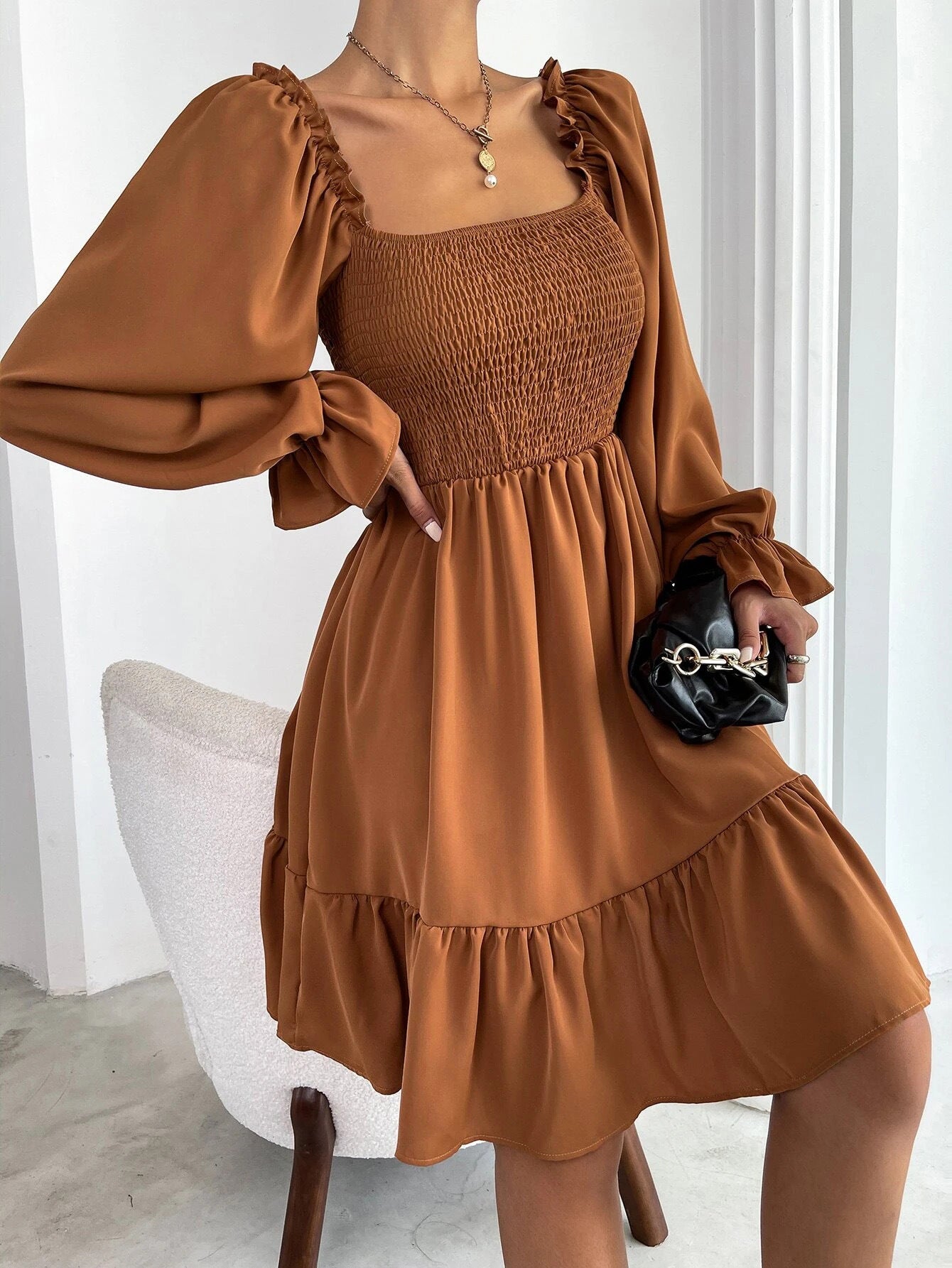 Square Neck Long Sleeve Smocked Tiered Mini Dress 8