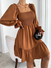 Square Neck Long Sleeve Smocked Tiered Mini Dress 8
