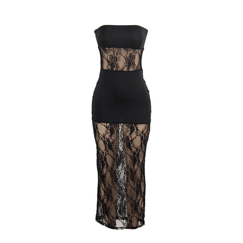Summer Solid Color Sleeveless Sexy Lace Stitching Bandeau Slim Fit Dress