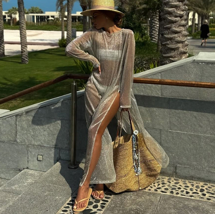 Sheer Metallic Mesh Crew Neck Long Sleeve High Split Maxi Beach Cover Up Dress