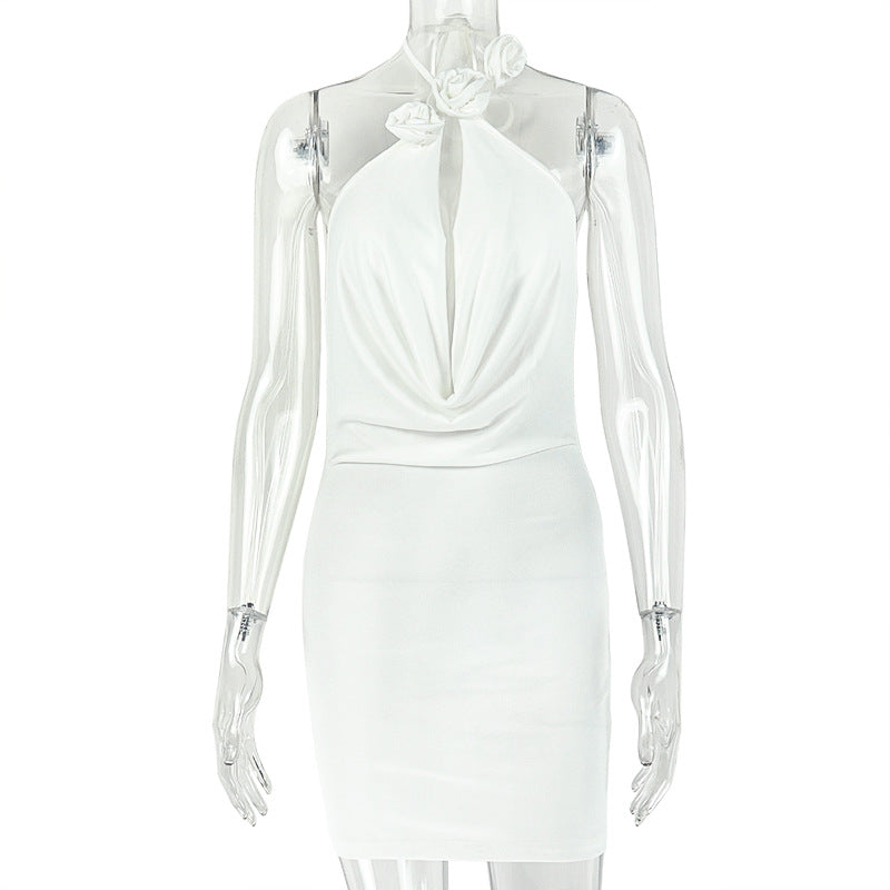 Rosette Halter Neck Draped Cowl Neck Backless Mini Dress 2
