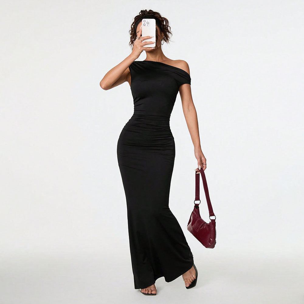 Asymmetric Off Shoulder Cap Sleeve Ruched Mermaid Maxi Dress 4