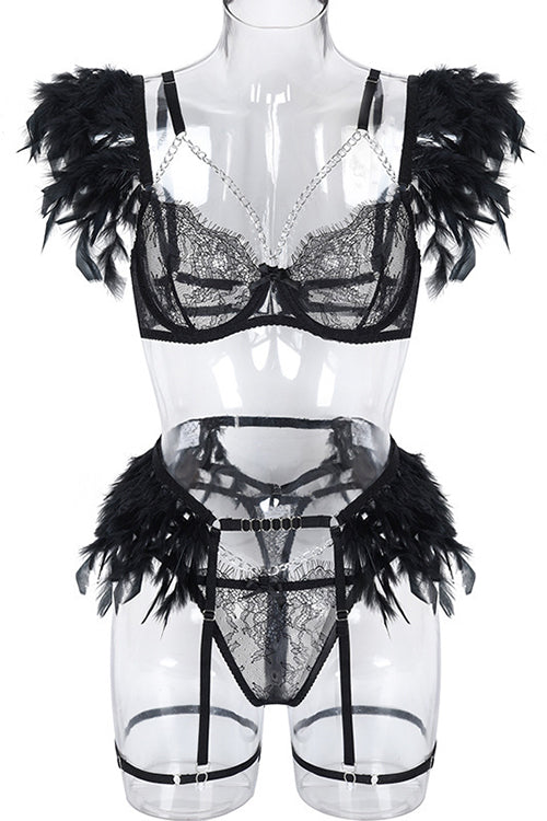 Cutout Feather Detail Plain Lingerie Set