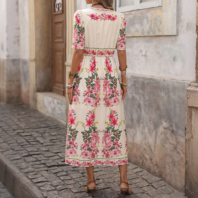 Retro Ethnic Floral Printed Waist Controlled Mid Length Dress