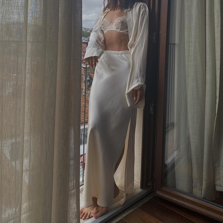 High Waist Satin Bias Cut Mermaid Hem Maxi Skirt 3