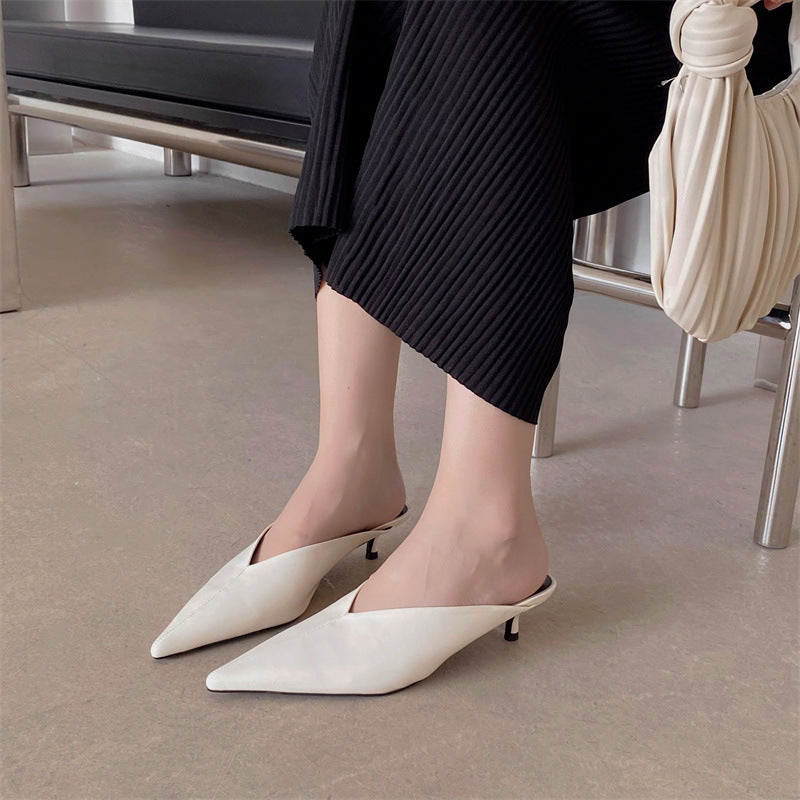 Pointed Toe V Cut Low Heel Mules