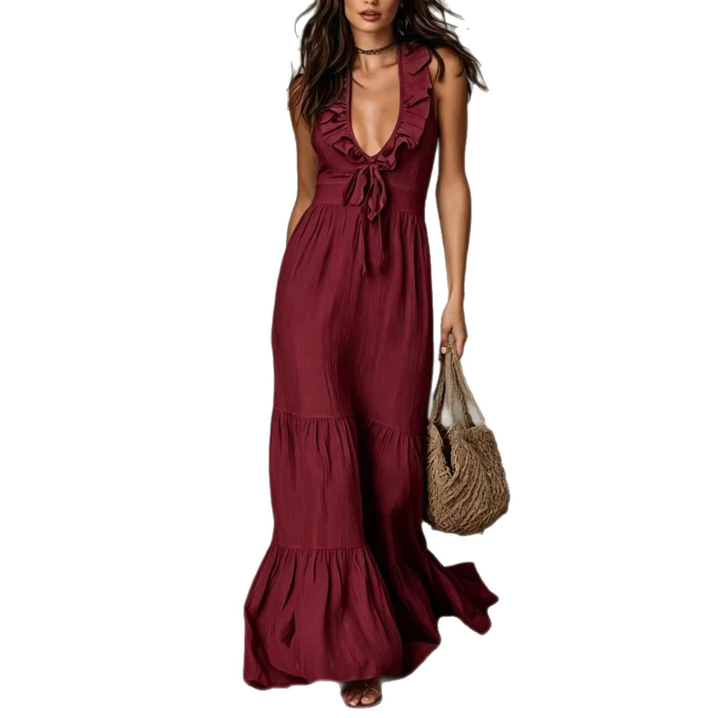 Deep V-Neck Sleeveless Ruffle Tiered Maxi Dress 5