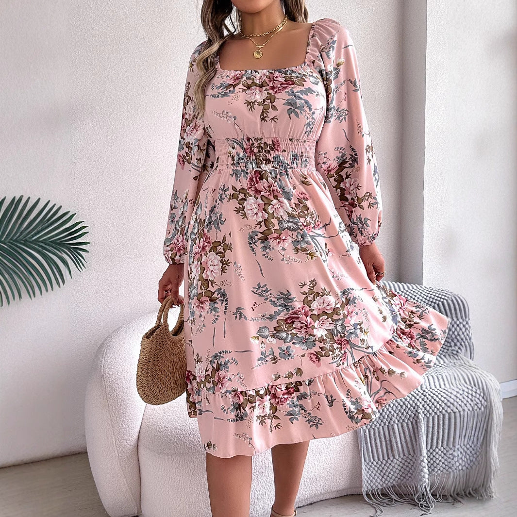 Floral Print Square Neck Long Sleeve Smocked Waist Ruffle Hem Midi Dress