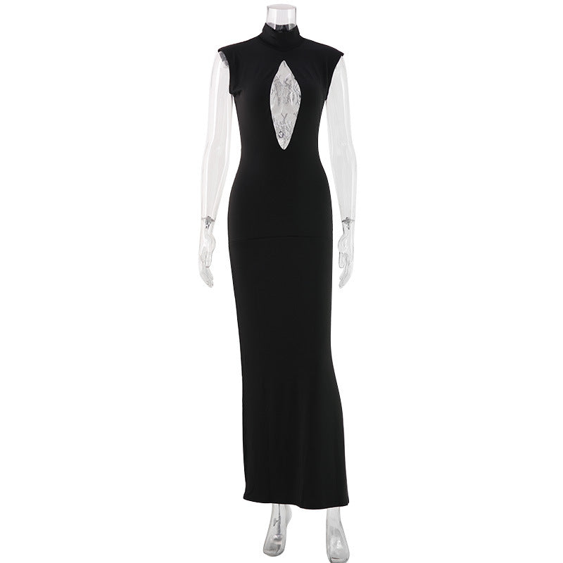 Button Mock Neck Keyhole Cut Out Cap Sleeve Fitted Maxi Dress 2