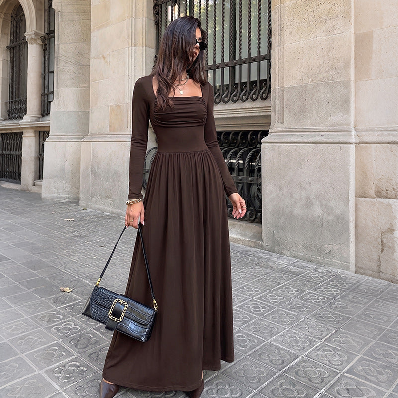 Simple Retro Solid Color Square Collar Pleated Long Sleeve Dress
