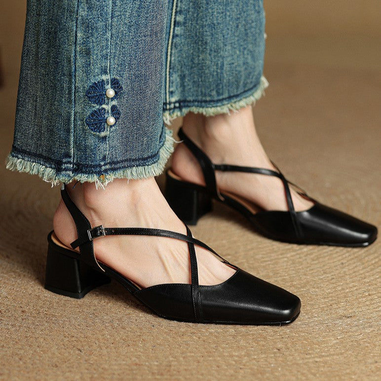 Square Toe Cross Strap Block Heel Slingback Pumps