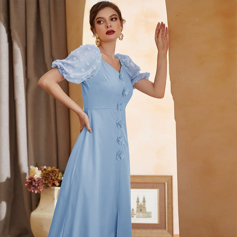 Rose Applique Sweetheart Swiss Dot Puff Sleeve Fit and Flare Maxi Dress