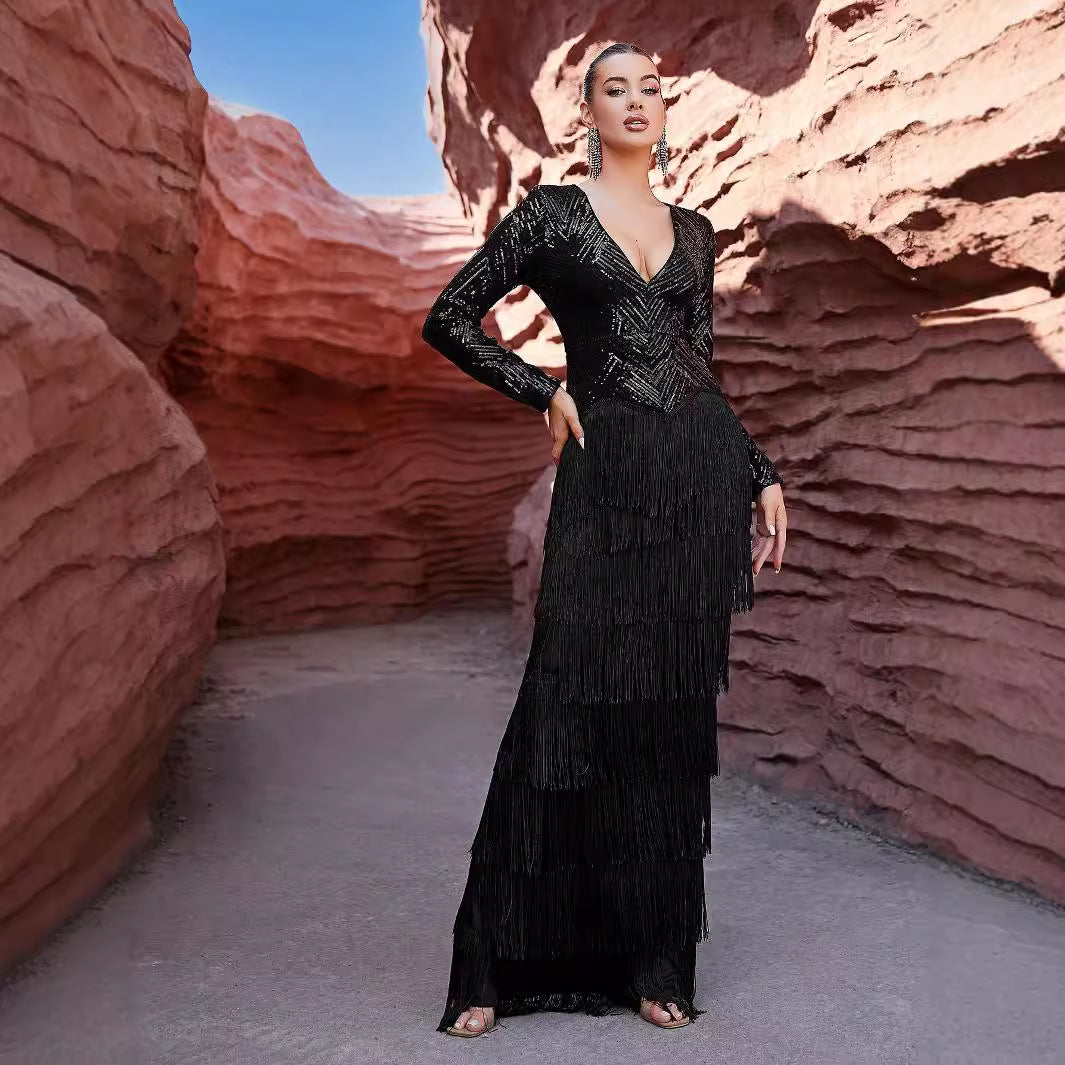 Long Sleeve Black Tassel Dinner Sequ Dress