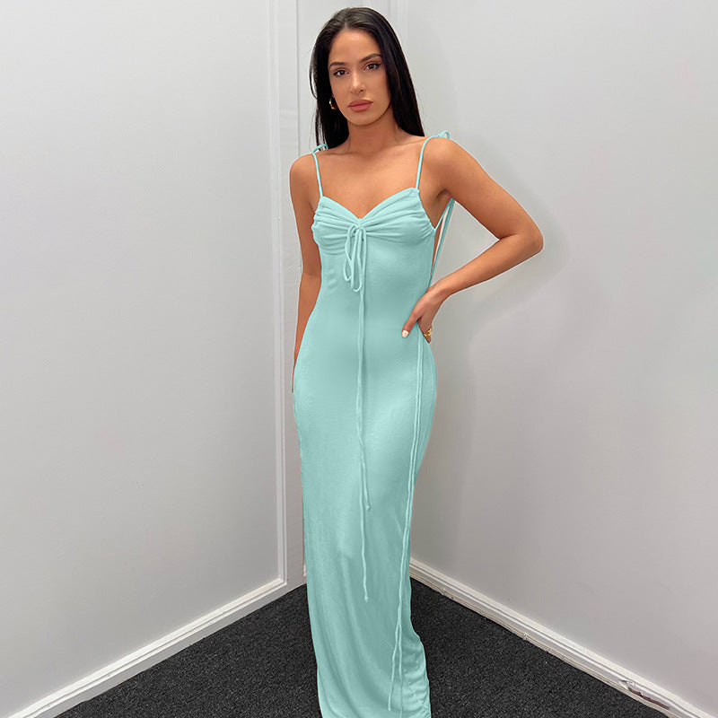 Halter Neck Ruched Drawstring Front Backless Bodycon Maxi Dress 5