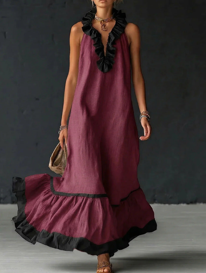 Sleeveless Ruffle Trim Tiered Linen Maxi Dress 6