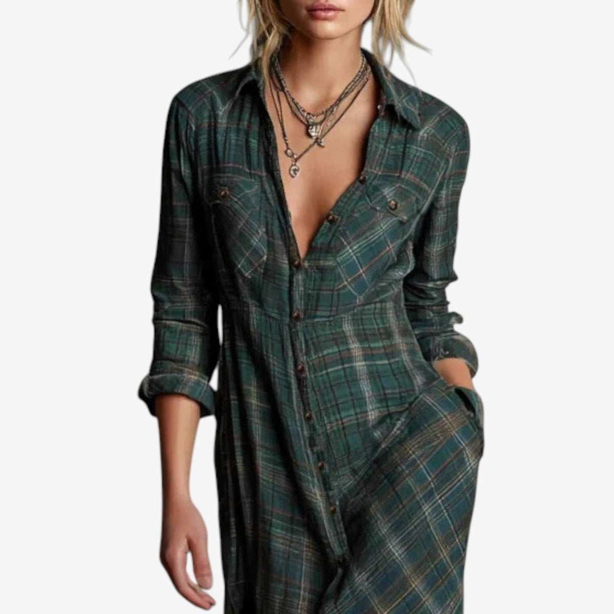 Plaid Collared Button Front Long Sleeve Maxi Shirt Dress