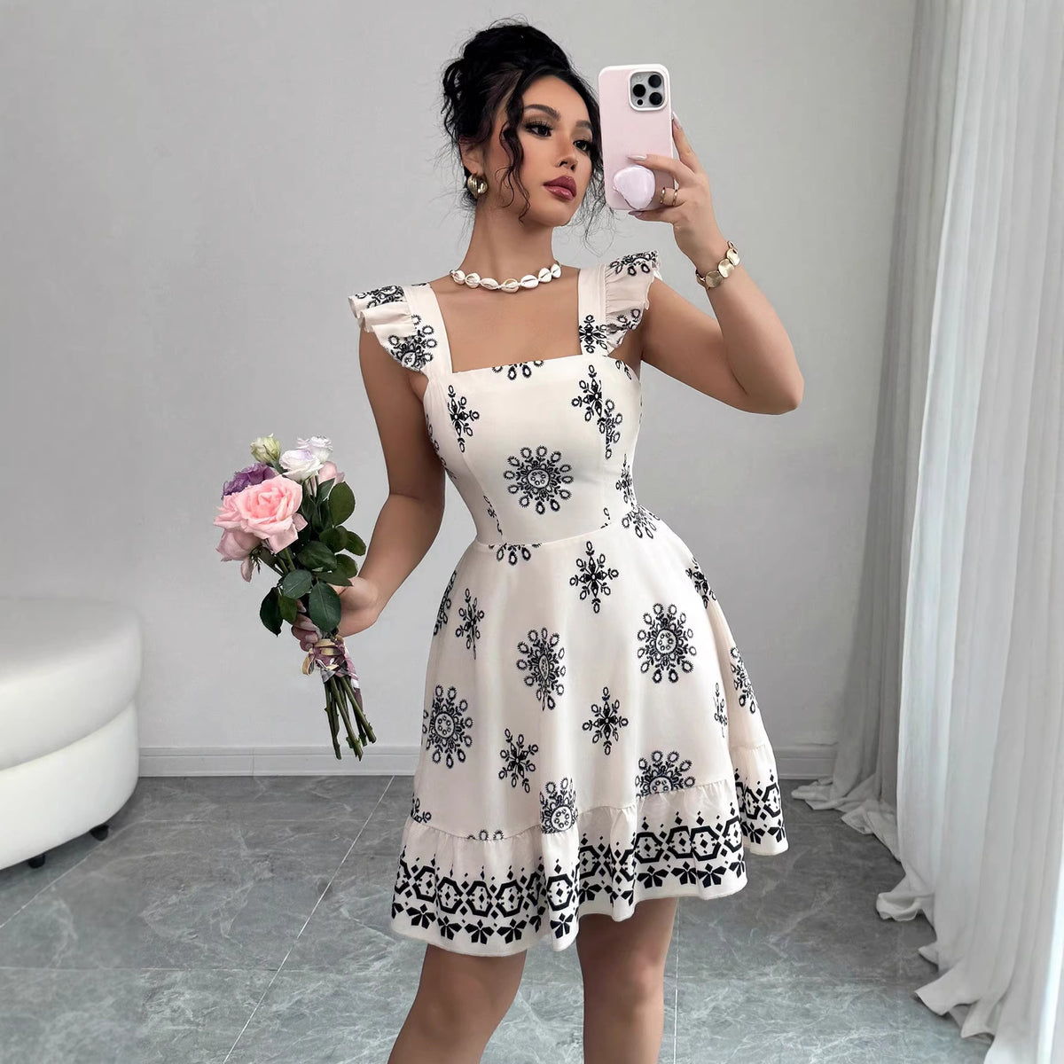 Elegant Multicolor Printing Flying Sleeves A Line Dress