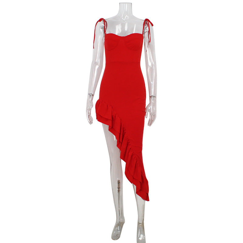 Bustier Sweetheart Neck Tie Strap Ruffle High Split Maxi Dress 2