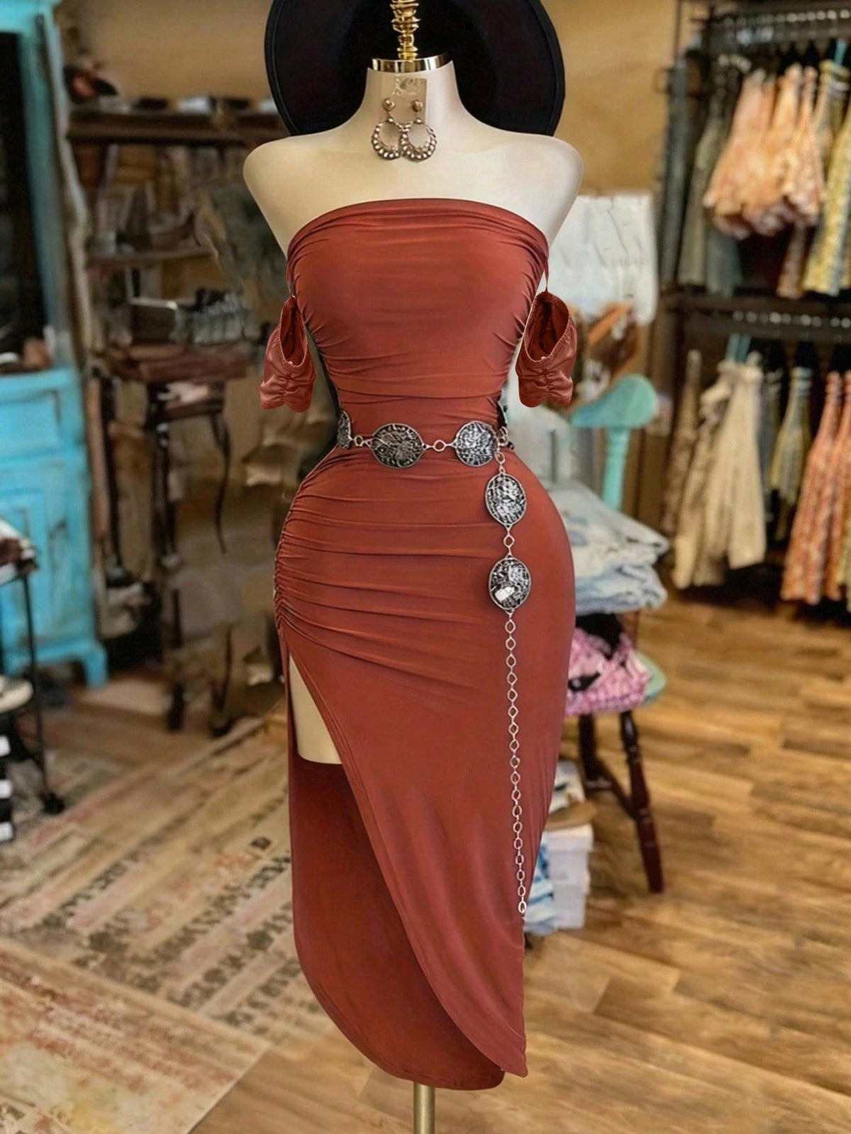 Off Shoulder Ruched Short Sleeve High Split Bodycon Midi Dress 2