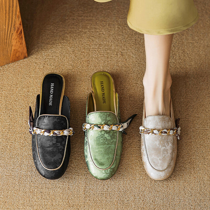 Floral Jacquard Chain Detail Pointed Toe Flat Mules