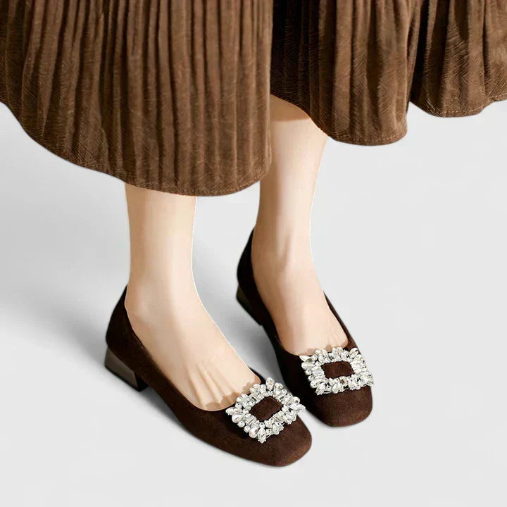 Pointed Toe Rhinestone Buckle Block Heel Pumps