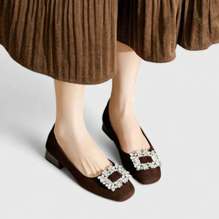 Crystal Buckle Square Toe Suede Look Block Heel Pumps