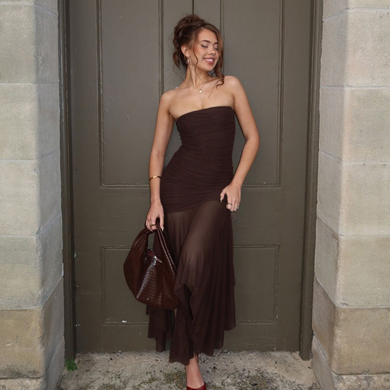 Strapless Ruched Sheer Mesh Asymmetric Hem Maxi Dress 3