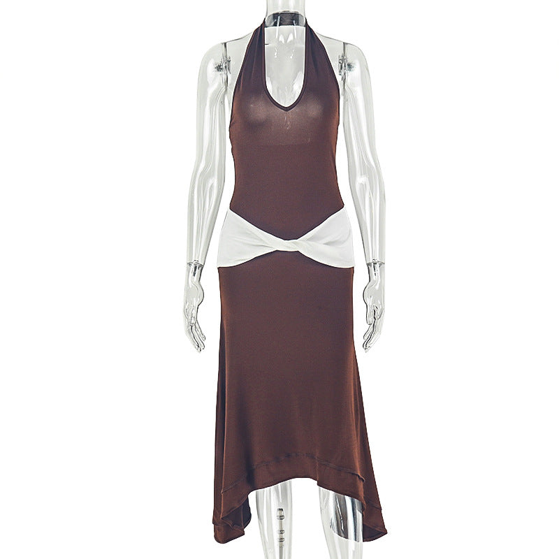 Halter V-Neck Sleeveless Contrast Twist Waist Asymmetric Hem Midi Dress 5