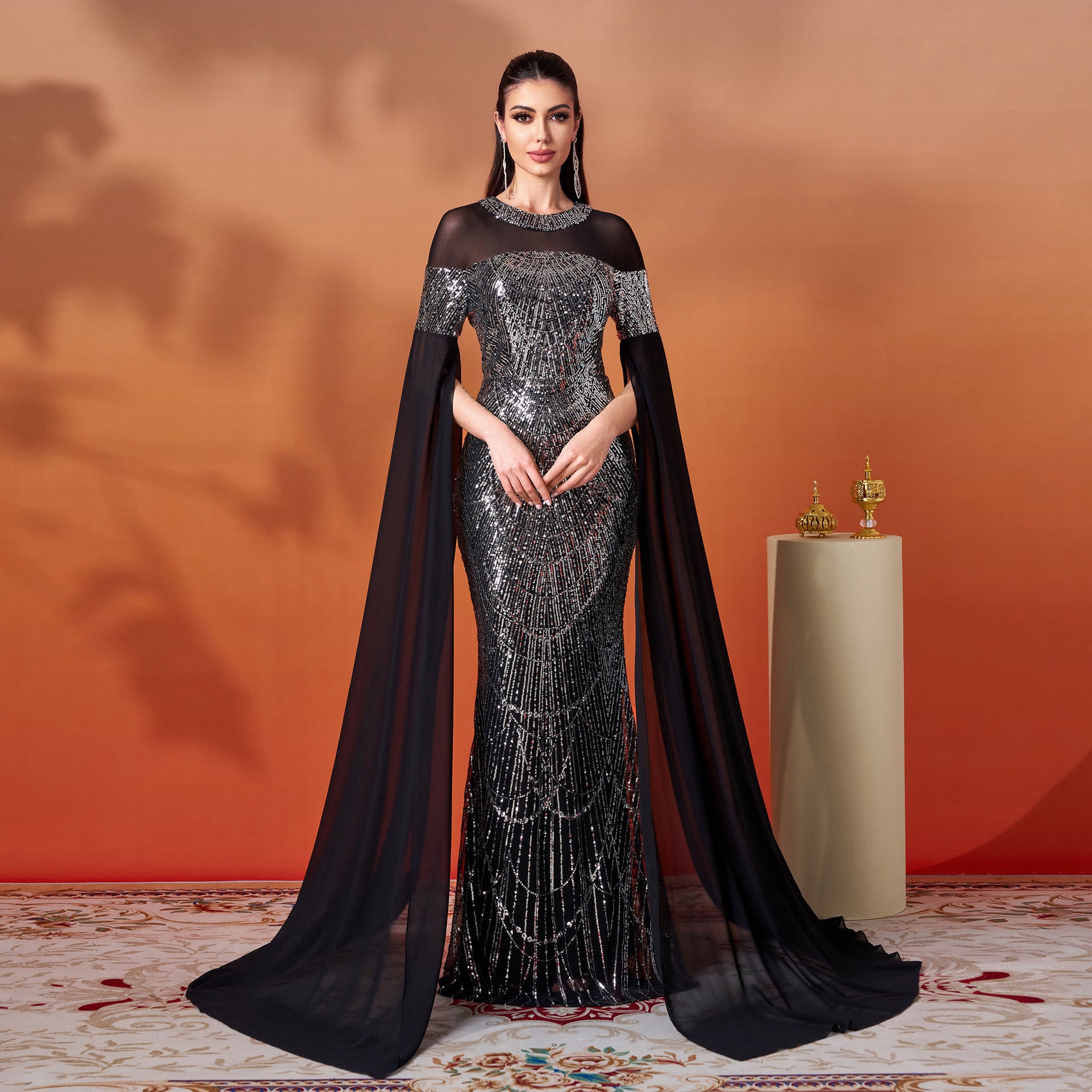 Women Clothing High End Long Sleeved round Neck Slim Fit Sheath Sequined Cocktail Fishtail Evening Dress Dress
