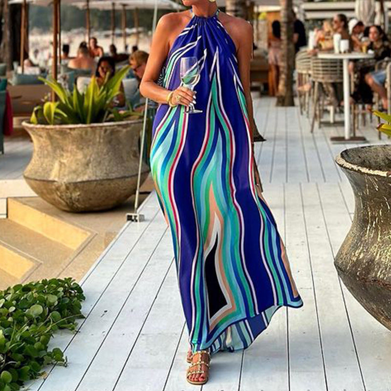 Summer Women Clothing Printed Halter Bohemian Mid Length Beach Dress