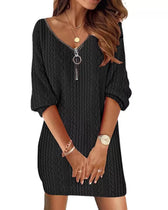 Cable Knit Zip V-Neck Long Sleeve Sweater Mini Dress 10