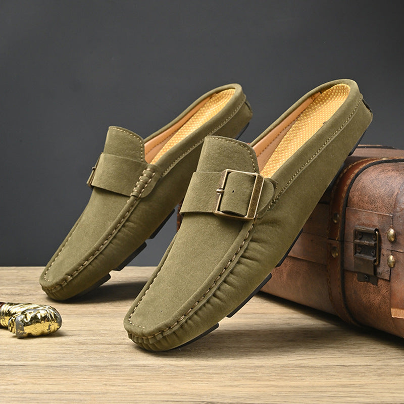 Suede Look Buckle Strap Backless Loafer Mules