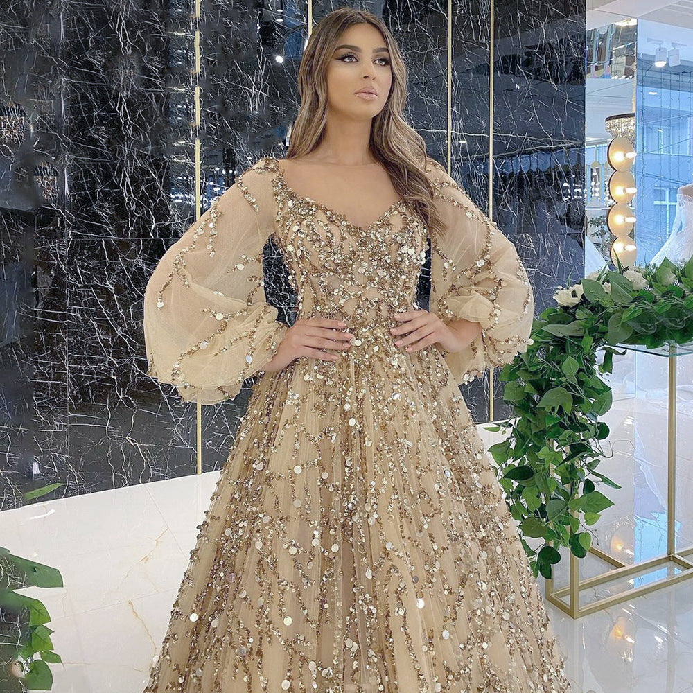 Gold Heavy Industry Beads Premium Evening Dress Sexy Socialite Aura Queen Maxi Dress