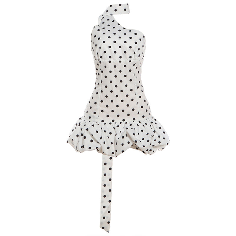 Polka Dot Choker Halter One Shoulder Ruffle Hem Bodycon Mini Dress 2
