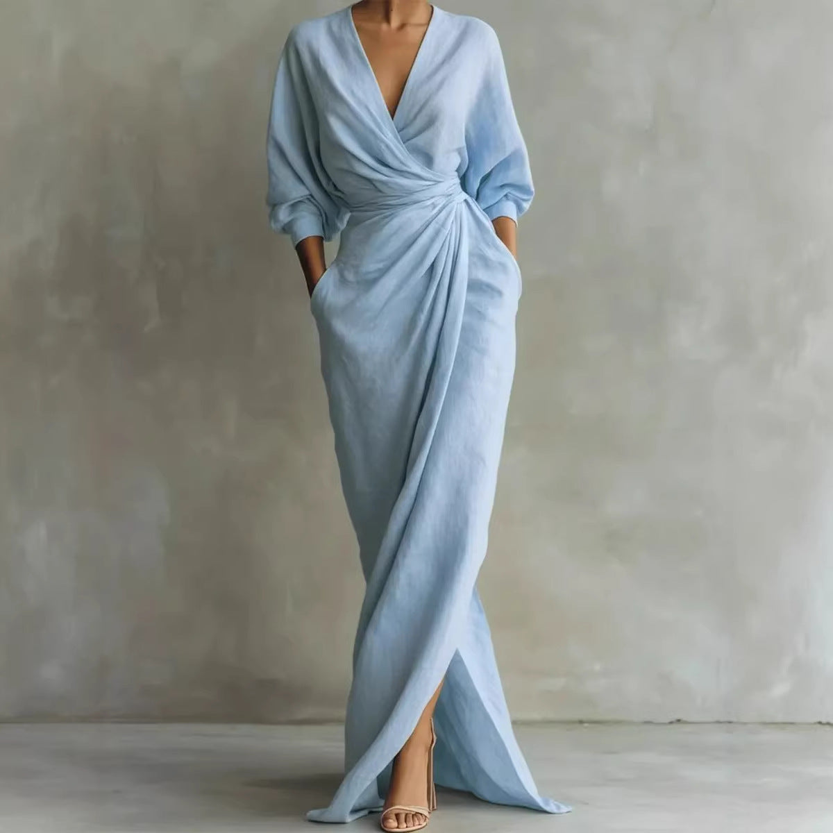 Deep V-Neck Long Sleeve Wrap Ruched High Split Maxi Dress 4