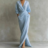 Deep V-Neck Long Sleeve Wrap Ruched High Split Maxi Dress 4
