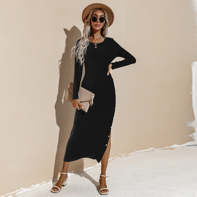 Alexina Long Sleeve Ribbed Knit Maxi Dress Black FINAL