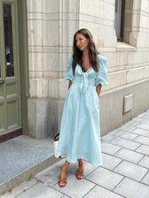 Sweetheart Puff Sleeve Tie Front Smocked Midi Dress Summer 3