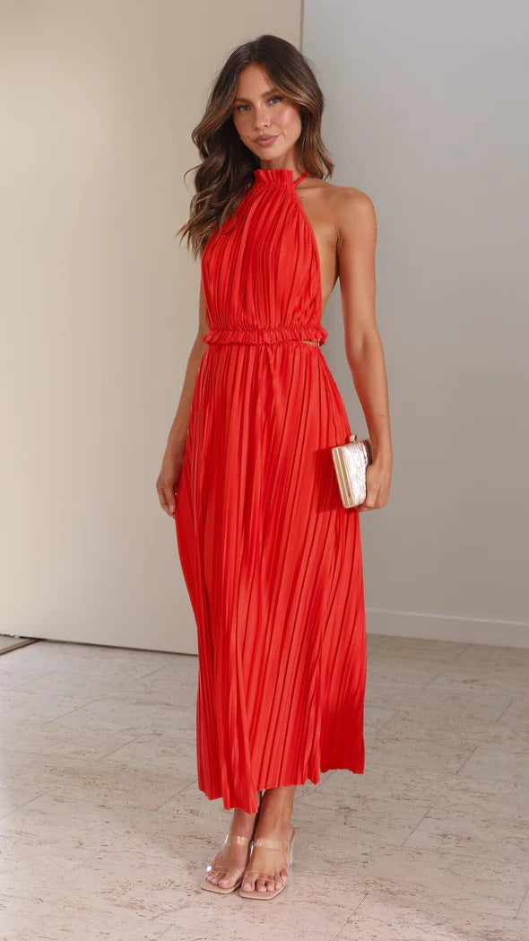 Pleated Halter Neck Backless Cut Out Waist Maxi Dress