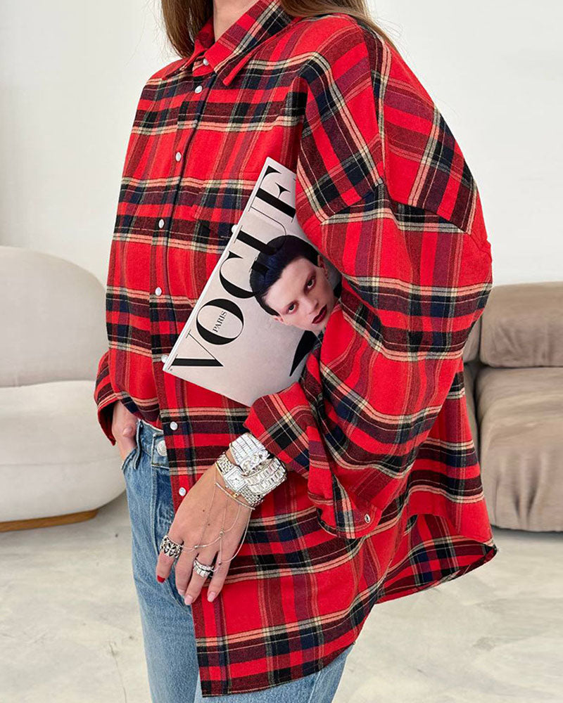 Notched Lapel Loose-Fit Plaid Long Sleeve Pocket Shirt