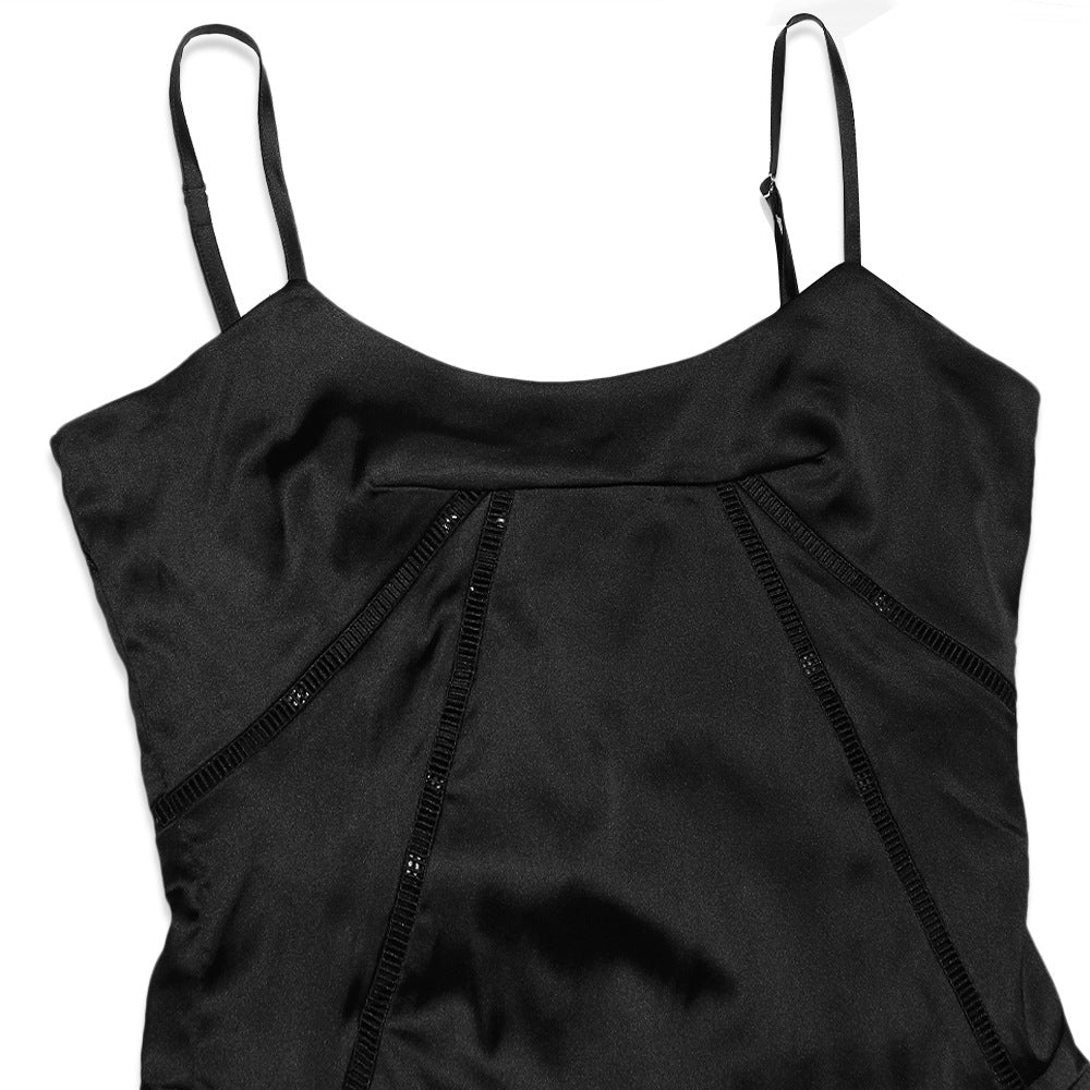 Square Neck Pintuck Trim Lace Up Back Satin Slip Maxi Dress - Black