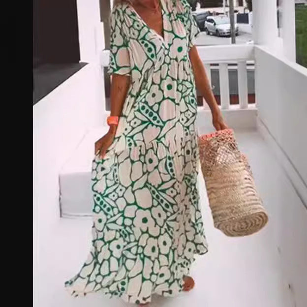V-Neck Short Sleeve Floral Tiered Loose Maxi Beach Dress