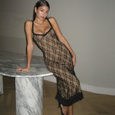 Lace Spaghetti Strap Ruffle Trim Bodycon Midi Dress 2